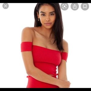 ARE YOU AM I red off-shoulder crop top